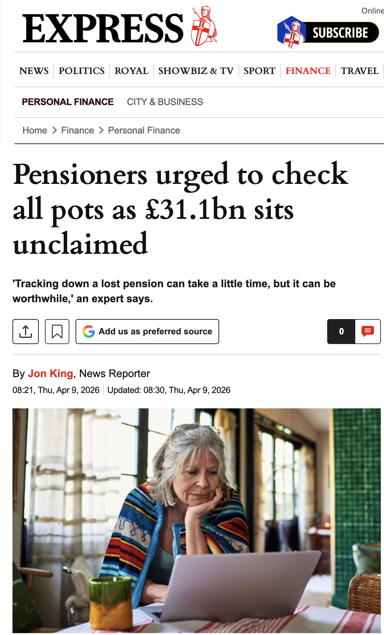 Daily Express pensions story placement preview